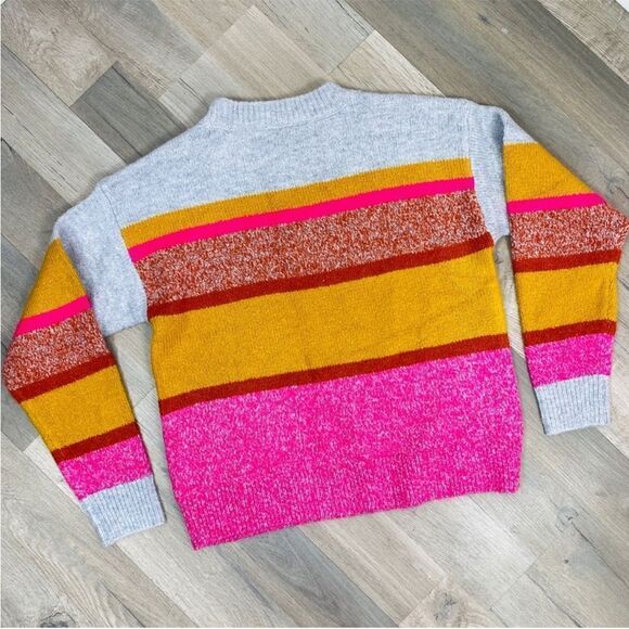 Lou & Grey for Loft Multi Stripe Chunky Knit Sweater Gray Yellow Pink Small - Picture 9 of 13